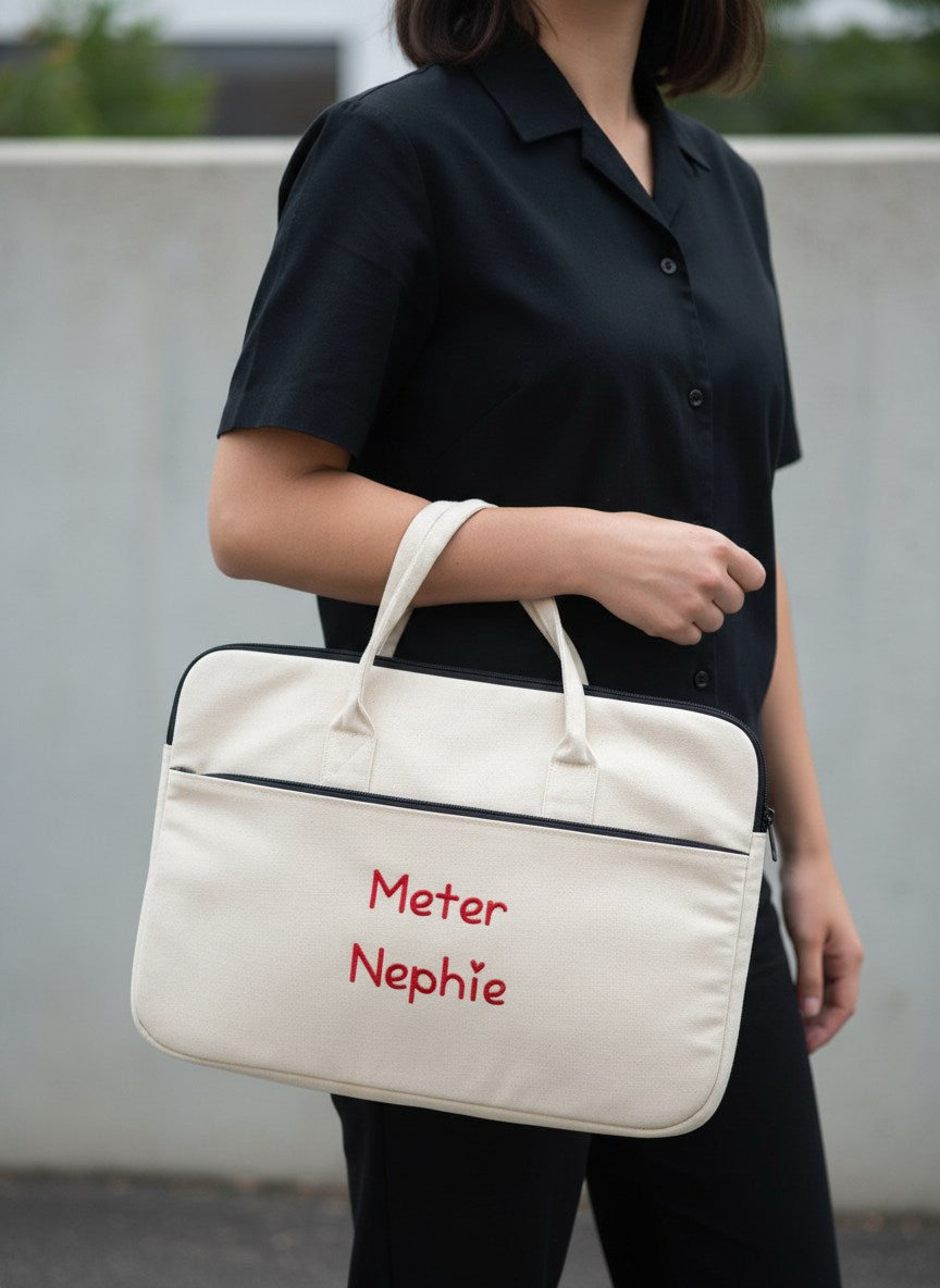 Gepersonaliseerde laptop sleeve met stijlvol geborduurde tekst