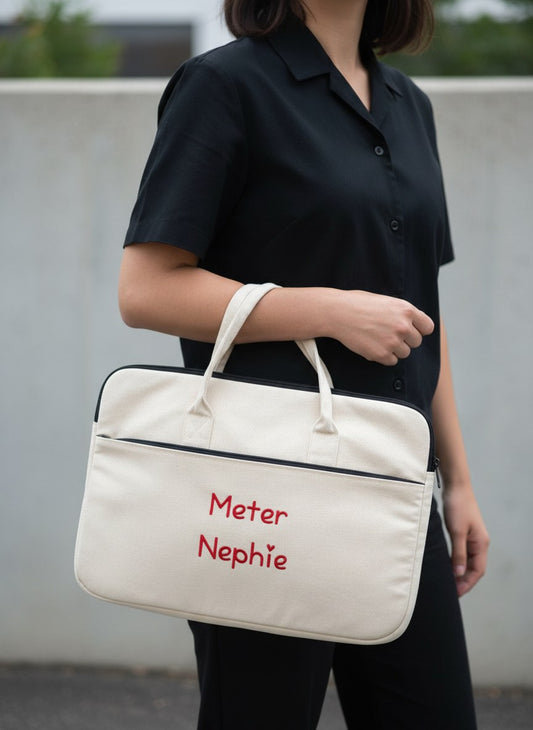 Gepersonaliseerde laptop sleeve met stijlvol geborduurde tekst