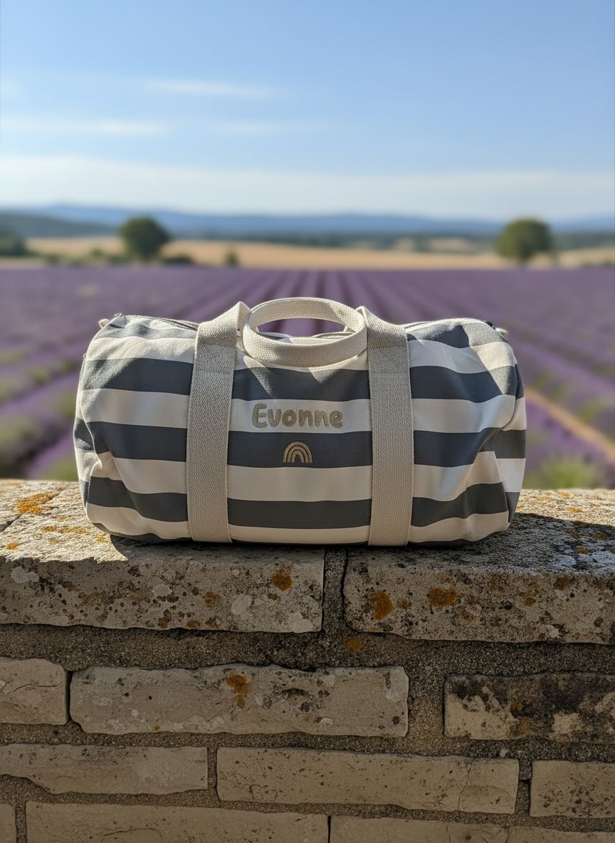 Gestreepte barrel Bag geborduurd met gepersonaliseerde tekst