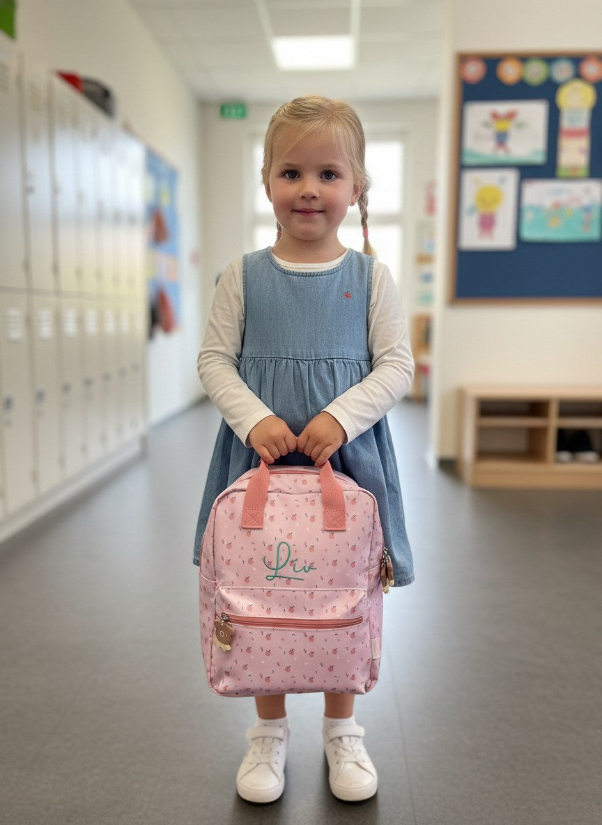 Geborduurde roze rugzak met vrolijke beertjes en de naam geborduurd