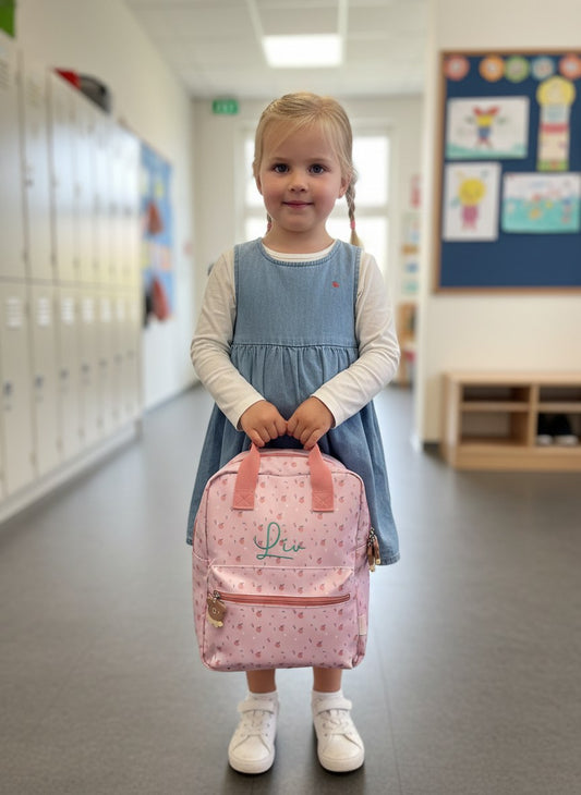 Geborduurde roze rugzak met vrolijke beertjes en de naam geborduurd