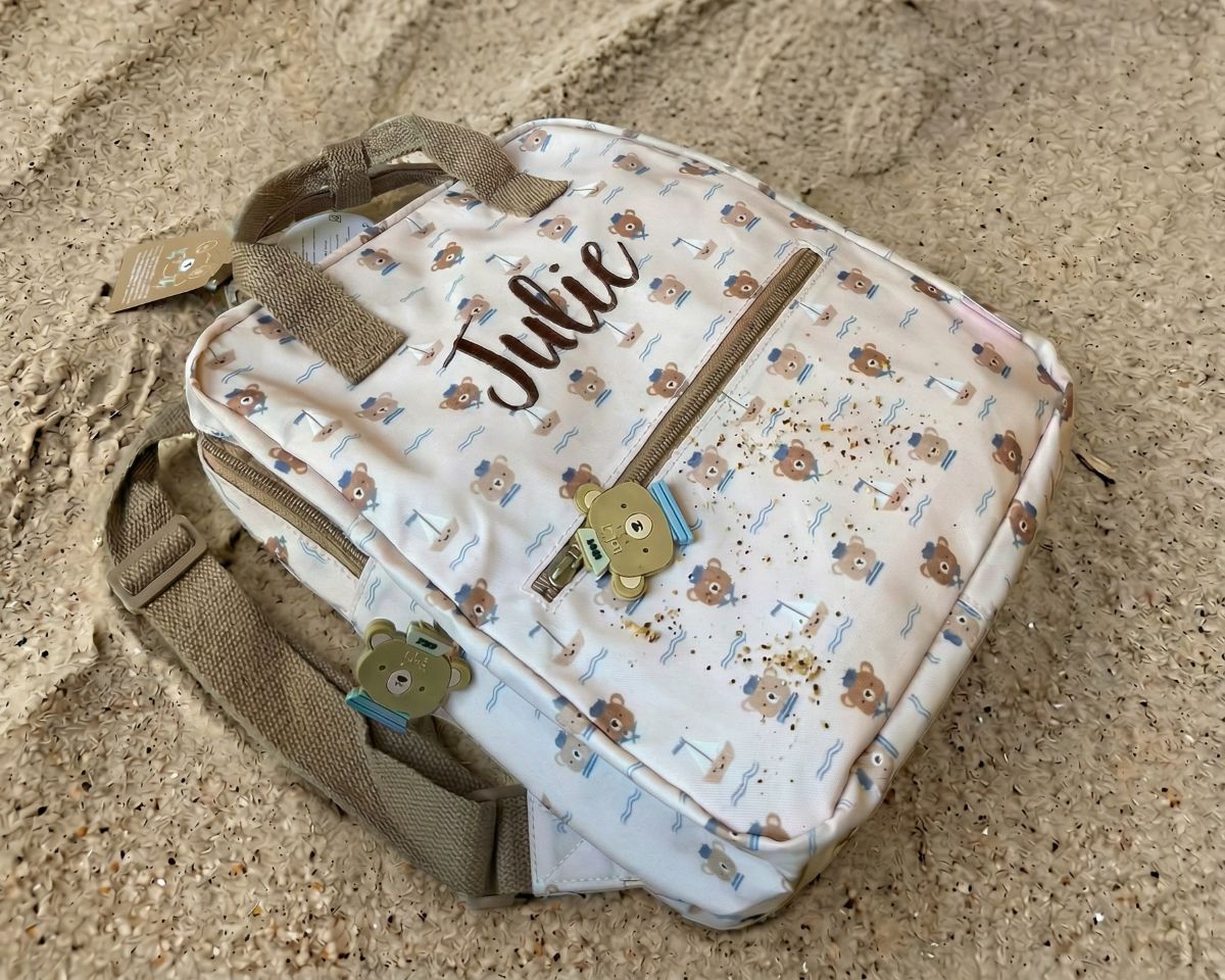 Tutete kinder rugzak met vrolijke zeilboot en beren print geborduurd met baby naam