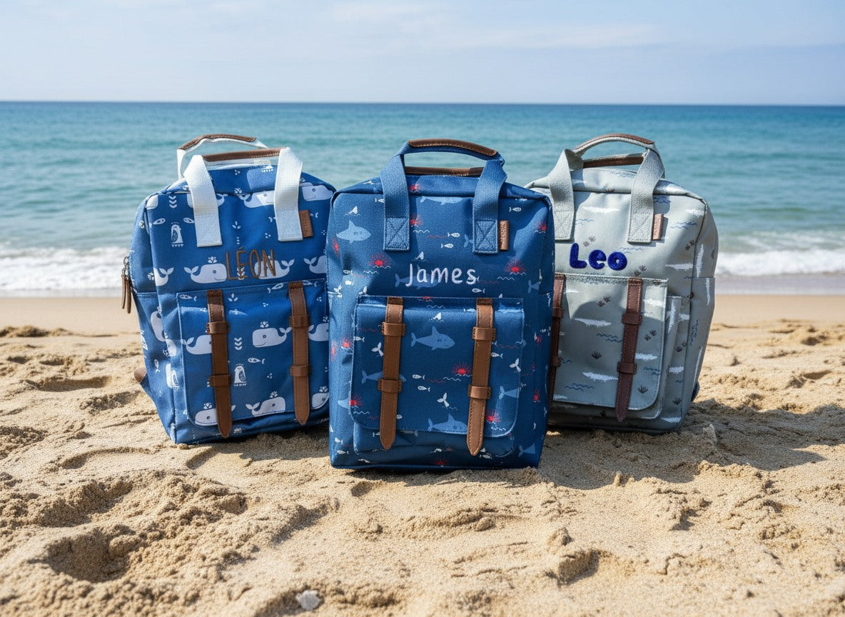 Rugzakjes van Fresk op het strand gepersonaliseerd met naam