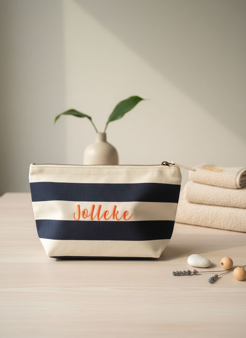 Stijlvolle toilettas met geborduurde tekst of naam en strepen motief