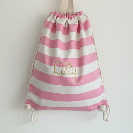 Gepersonaliseerde turnzak met roos strepen motief en geborduurde gouden naam