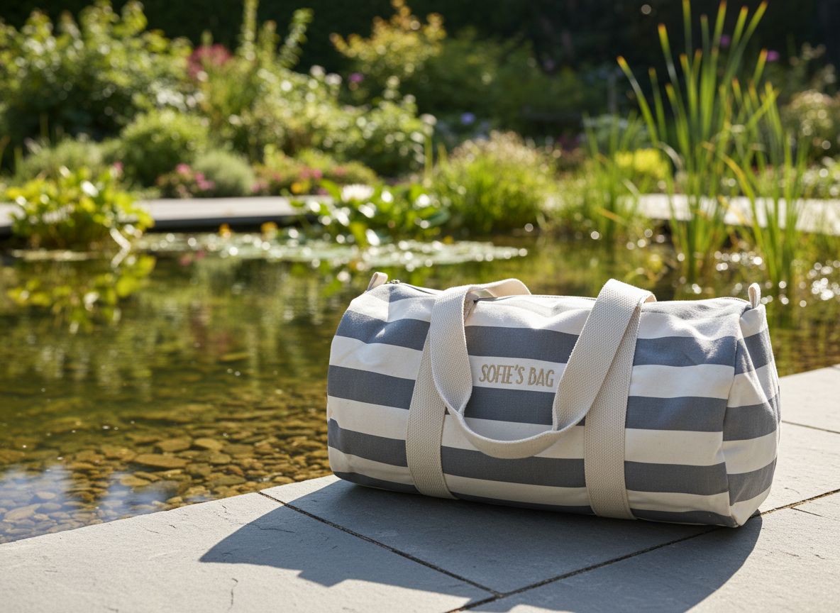 Gestreepte beachlook barrel Bag geborduurd met gepersonaliseerde tekst