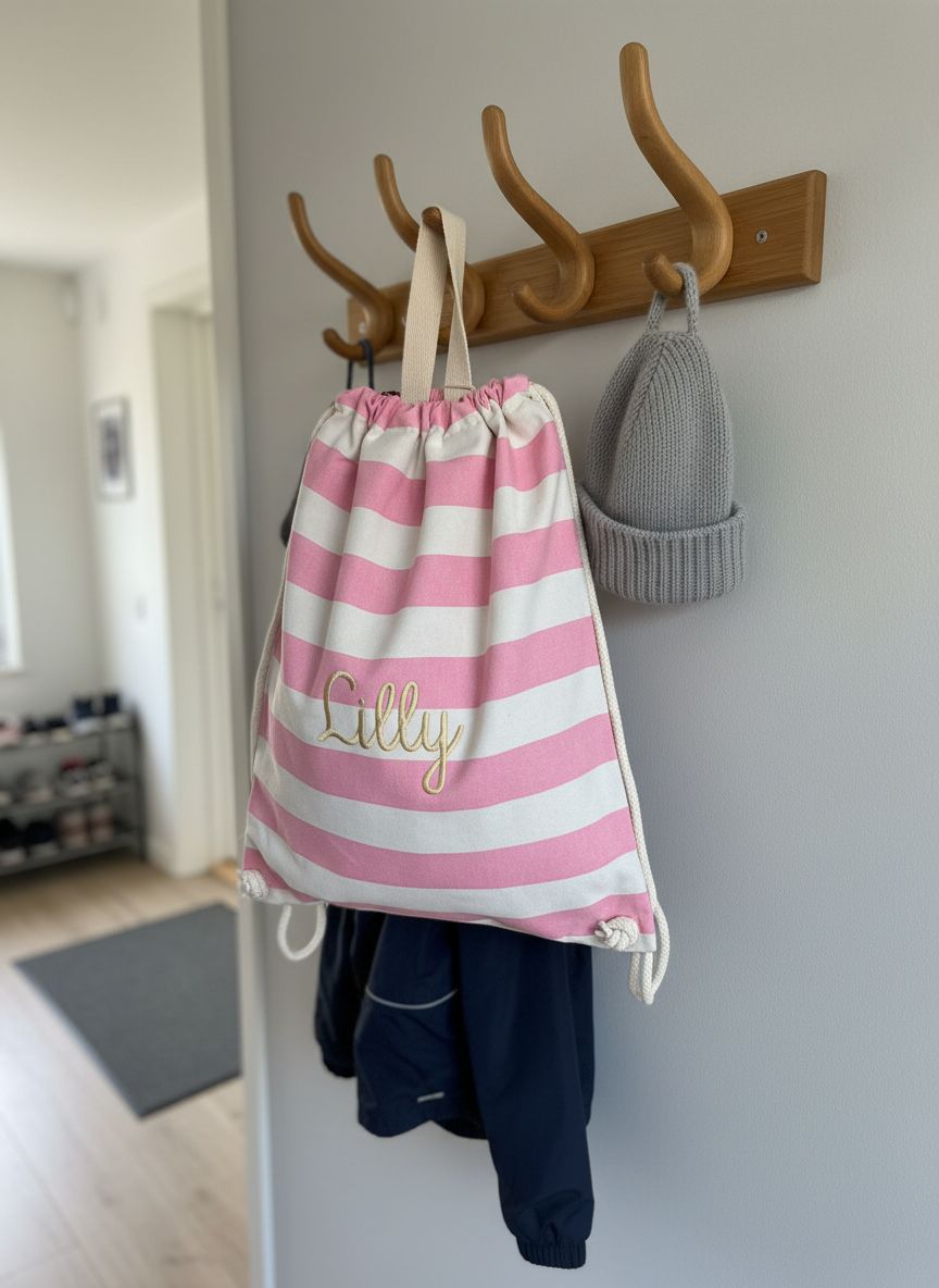 Prachtige turnzak met roos strepen motief en geborduurde gouden naam