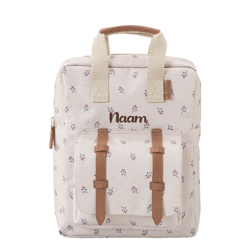 Gepersonaliseerde kinder rugzak Fresk. Stijlvol op naam geborduurd te Antwerpen met vrolijke bessen print voor kleuter