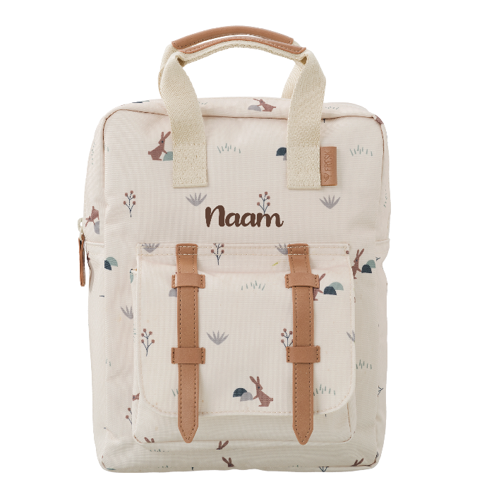Gepersonaliseerde Kinder rugzak konijnen Fresk op naam geborduurd te Antwerpen met dieren print voor kleuter