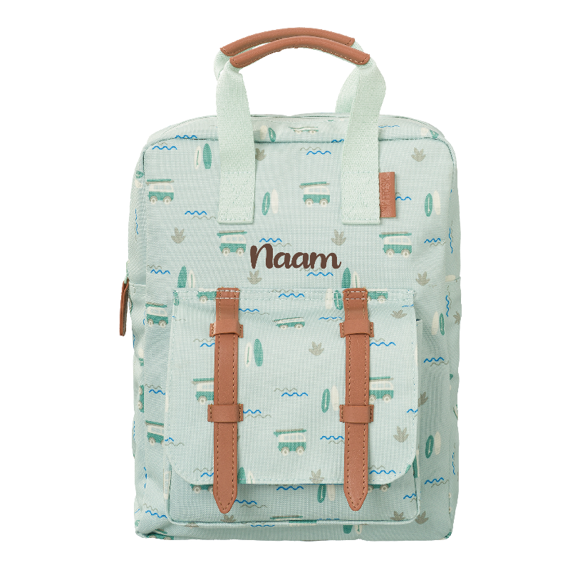 Gepersonaliseerde Kinder rugzak surfboy van Fresk op naam geborduurd te Antwerpen met Volkswagen surf busjes print voor kleuter