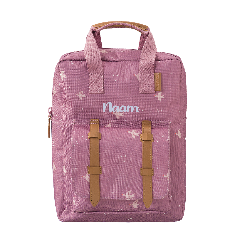 Gepersonaliseerde roze Kinder rugzak zwaluwen van Fresk op naam geborduurd te Antwerpen met print vogels voor kleuter