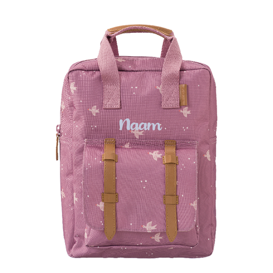 Gepersonaliseerde roze Kinder rugzak zwaluwen van Fresk op naam geborduurd te Antwerpen met print vogels voor kleuter