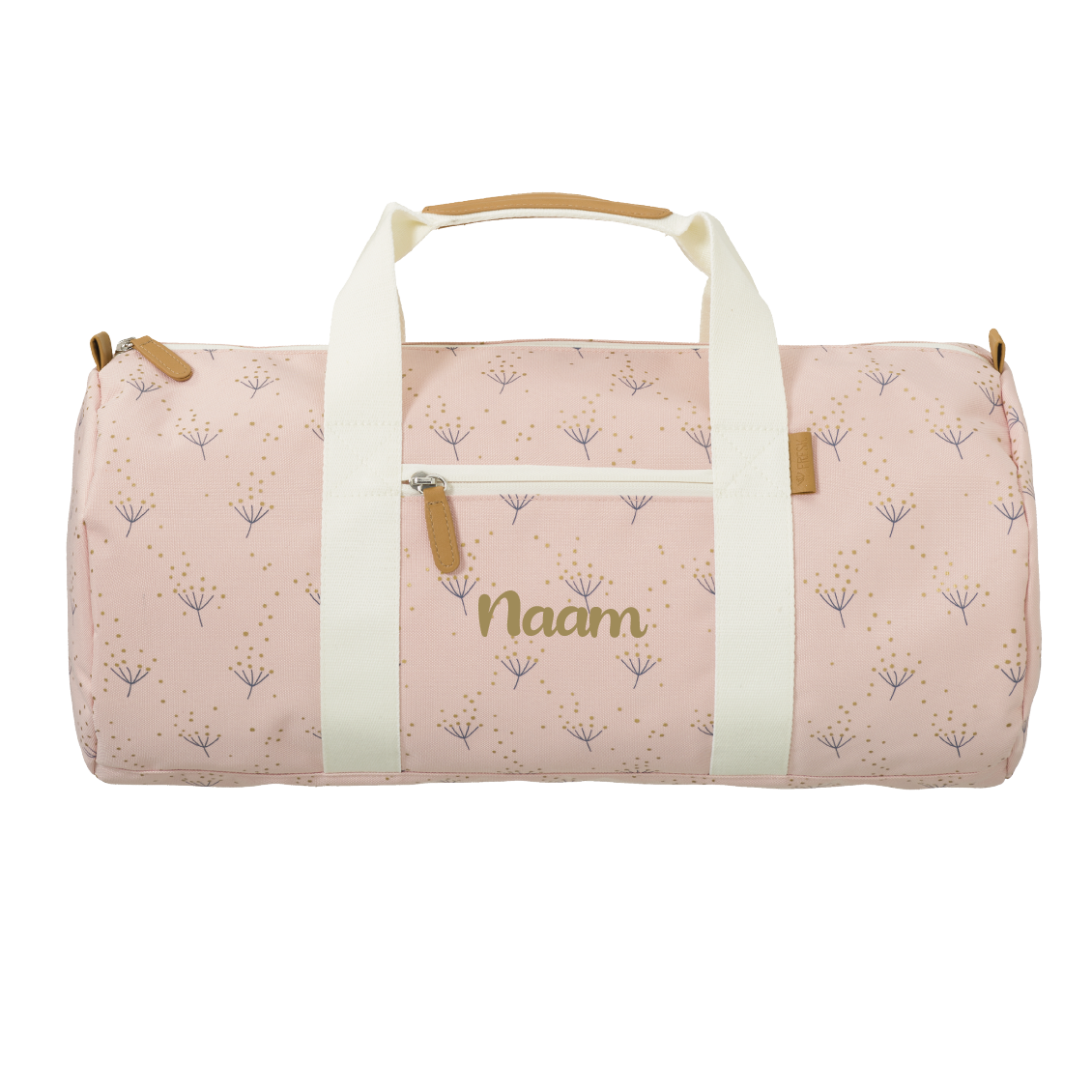 Gepersonaliseerde weekendtas van het Design merk Fresk. Stijlvol op naam geborduurd door Kletskop met een vrolijke dandelion print