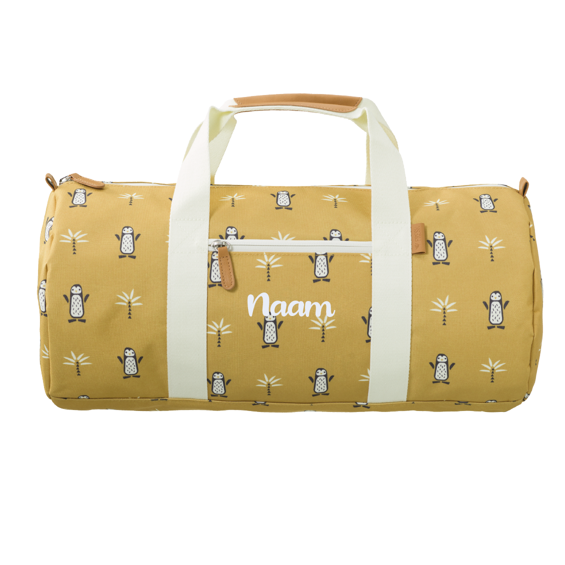 Gepersonaliseerde weekendtas van het Design merk Fresk. Stijlvol op naam geborduurd door Kletskop met een vrolijke pinguin print
