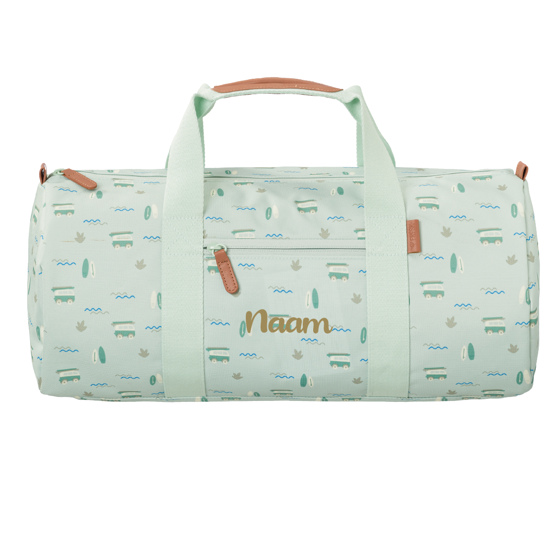 Gepersonaliseerde weekendtas van het Design merk Fresk. Stijlvol op naam geborduurd door Kletskop met een vrolijke surf busjes print
