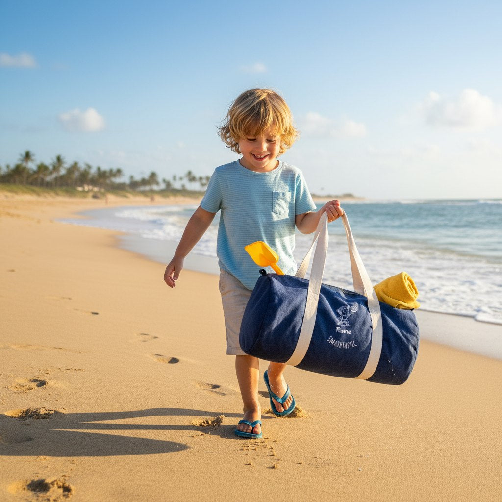 Jeans reistas bedrukt met naam en volleybal tekening van kindje