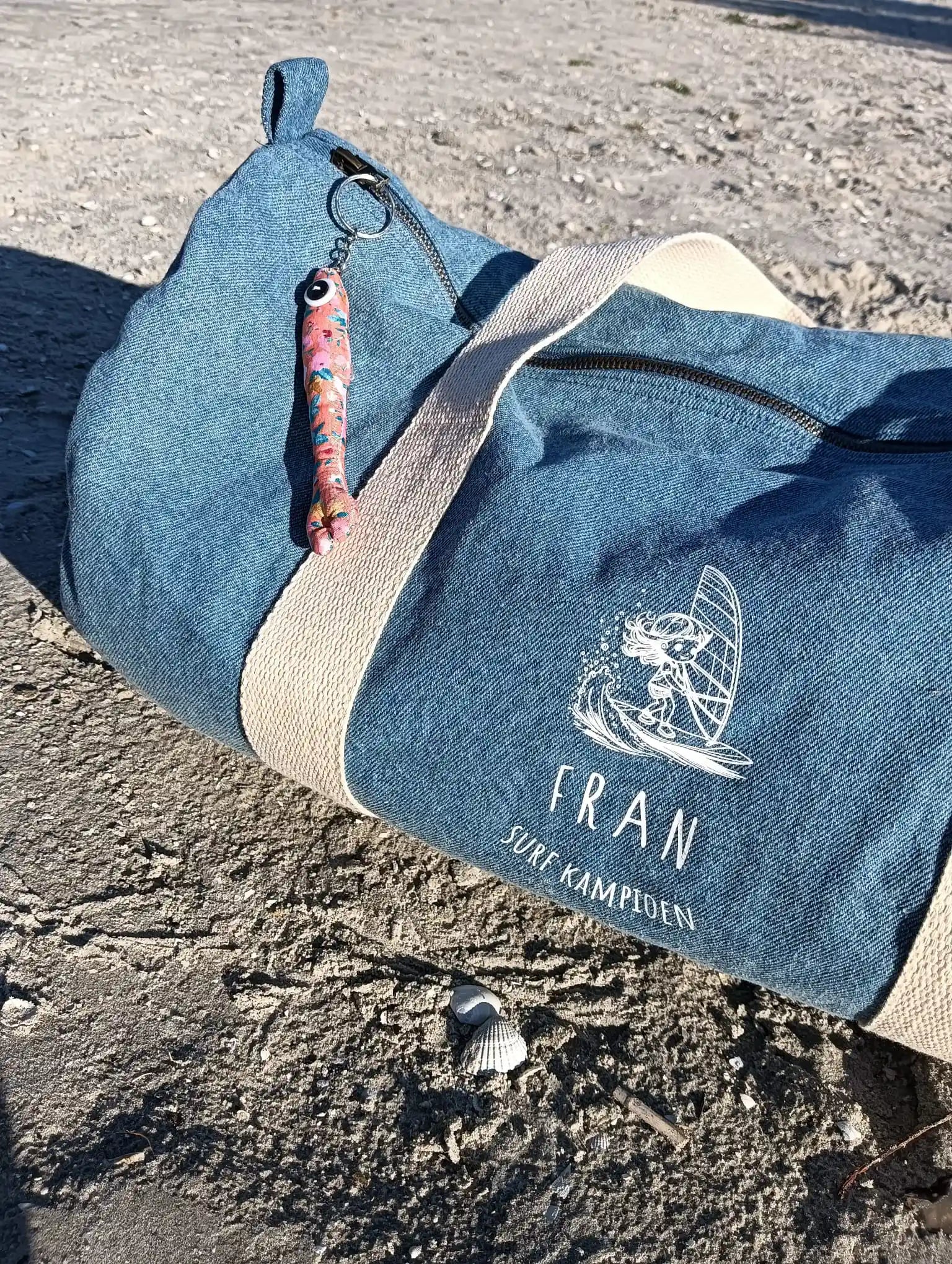 Jeans sporttas bedrukt met logo sporter en naam windsurfen