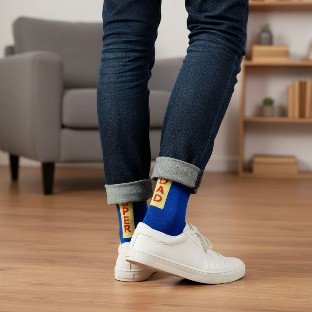 Papa met vrolijke sokken met als opdruk Super dad als vaderdag geschenk
