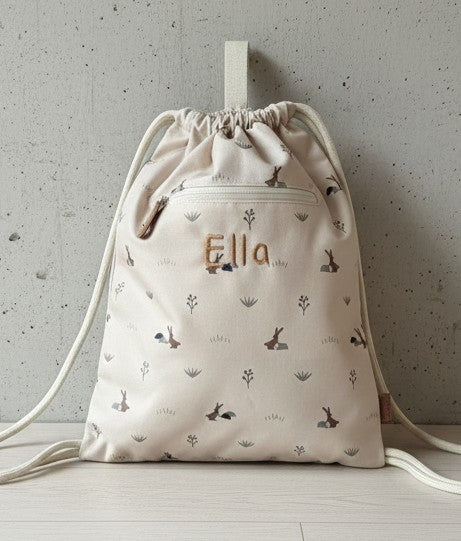 Gepersonaliseerde Fresk kinder turnzak met konijnen print stijlvol geborduurd met de naam